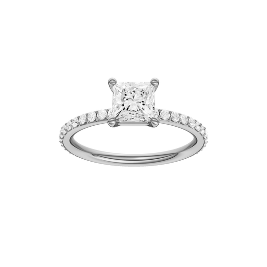 Princess-cut diamond engagement ring with a prong-set diamond band and solitaire setting.