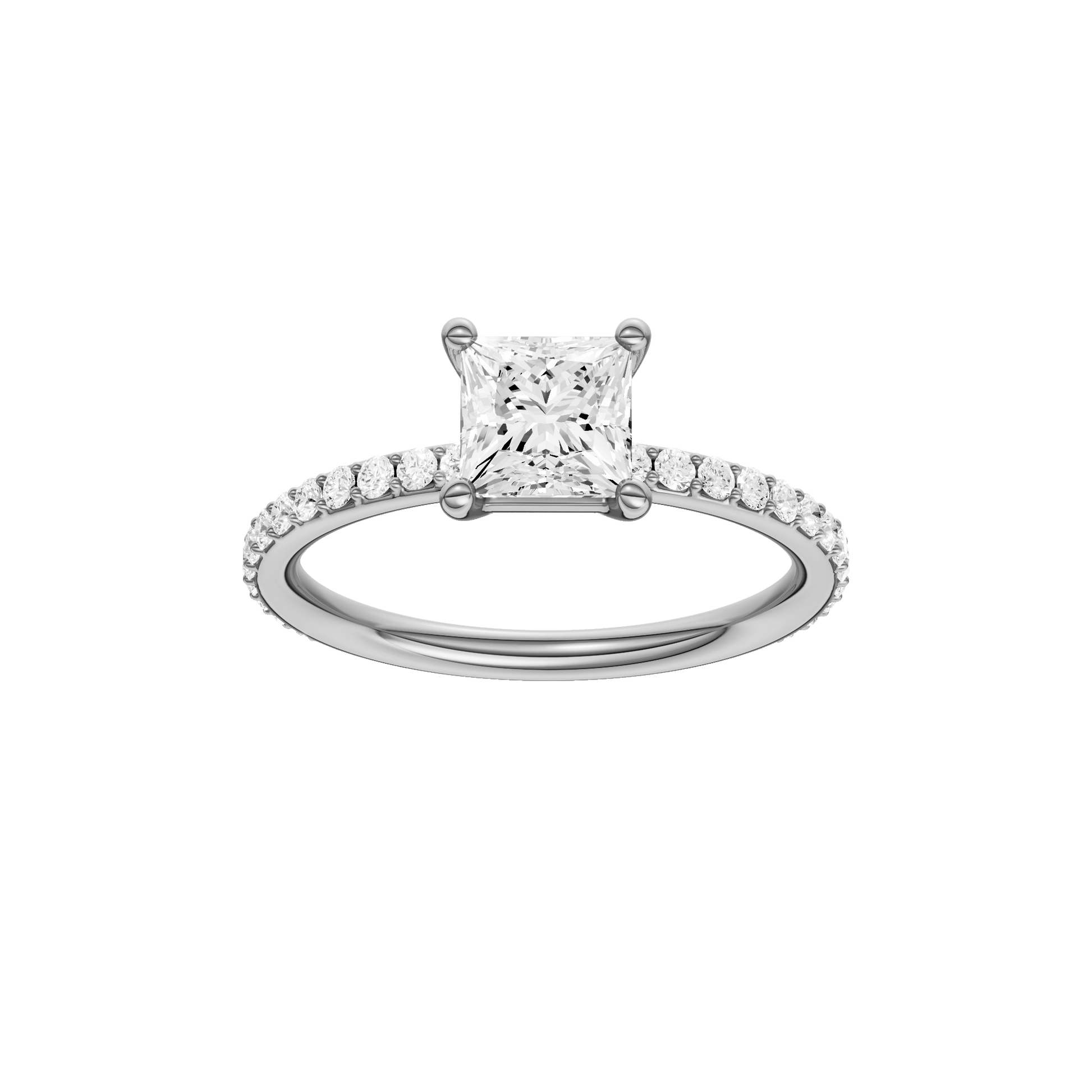 Princess-cut diamond engagement ring with a prong-set diamond band and solitaire setting.