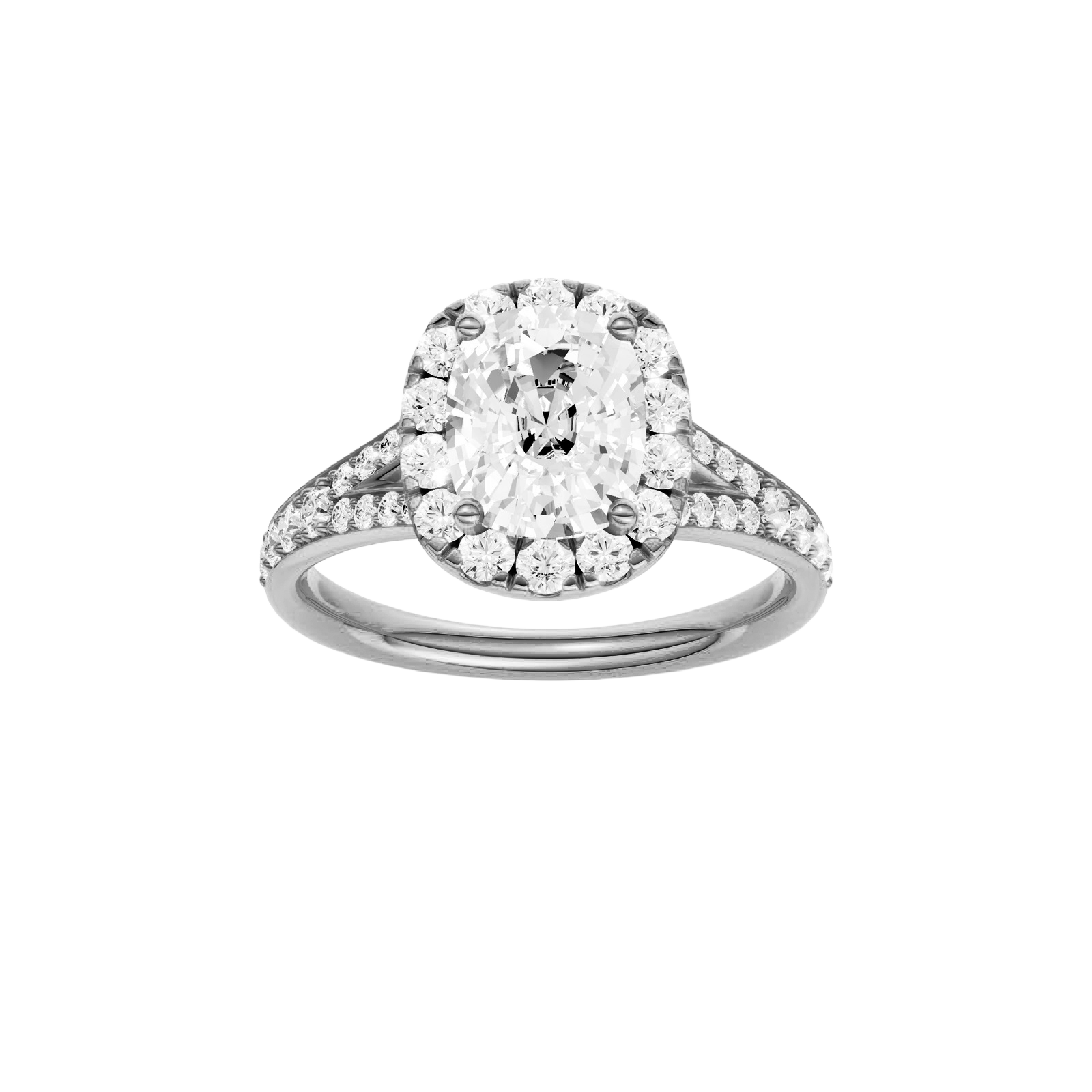 Elongated cushion-cut diamond engagement ring with a channel-set diamond band and halo setting.