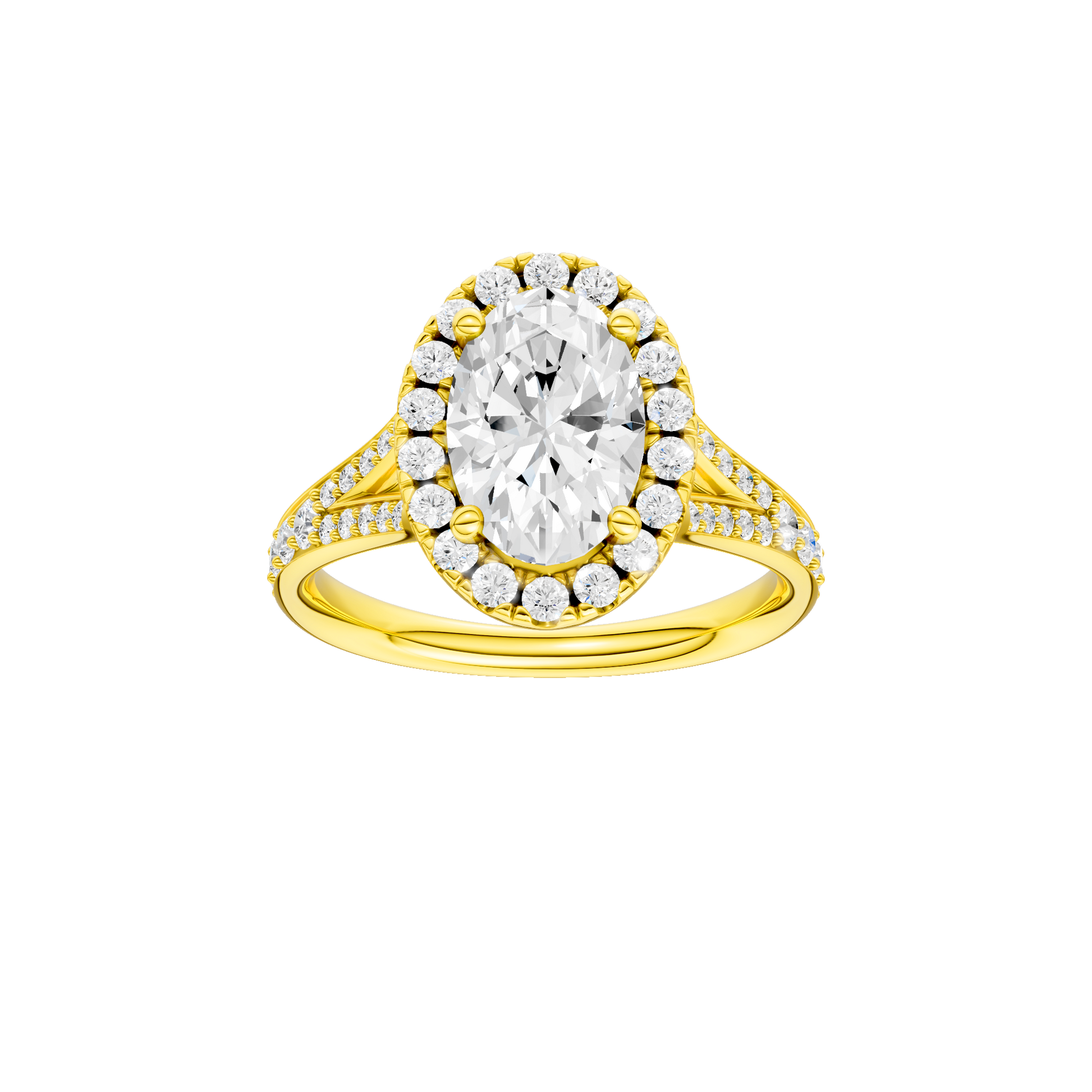 Oval-cut diamond engagement ring with a channel-set diamond band and halo setting.