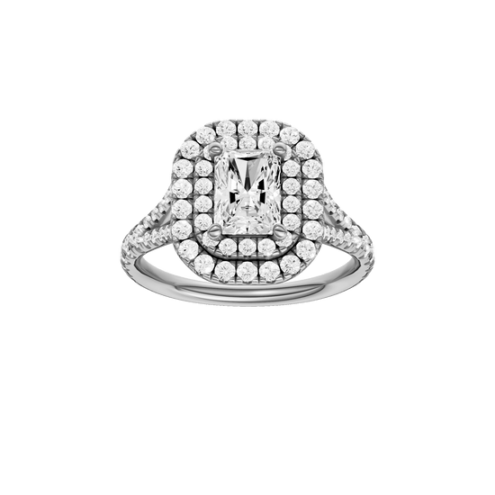 Radiant-cut diamond engagement ring with a prong-set diamond band and double-halo setting.