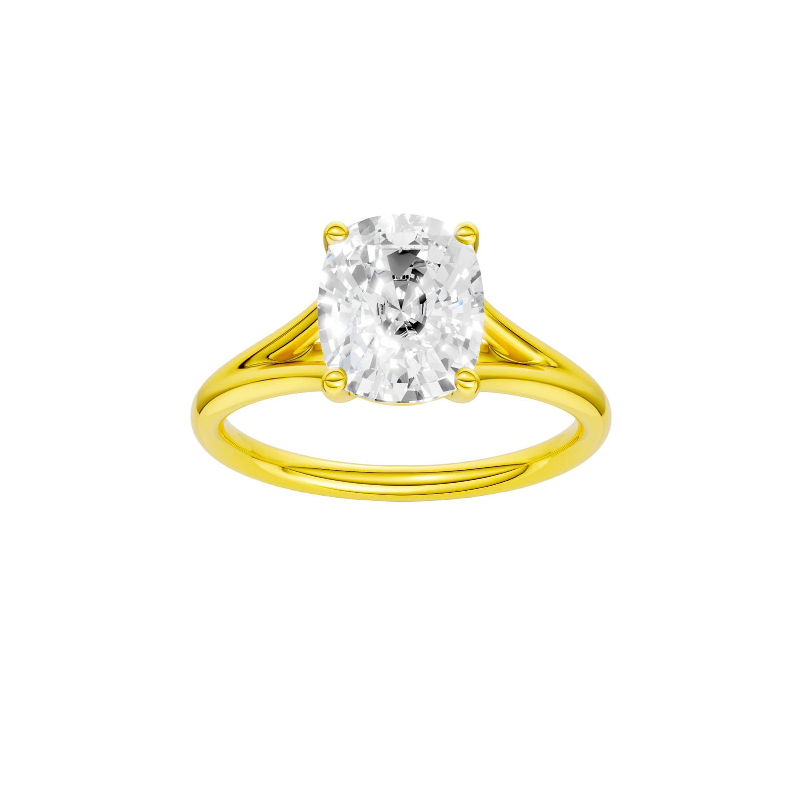 Elongated cushion-cut diamond engagement ring with a plain band and solitaire setting.