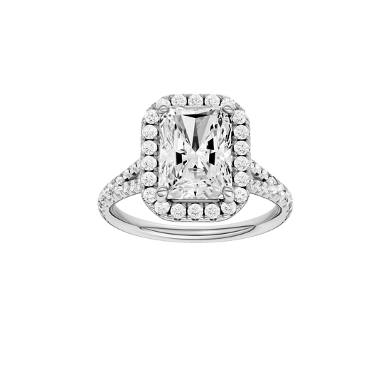 Radiant-cut diamond engagement ring with a prong-set diamond band and halo setting.
