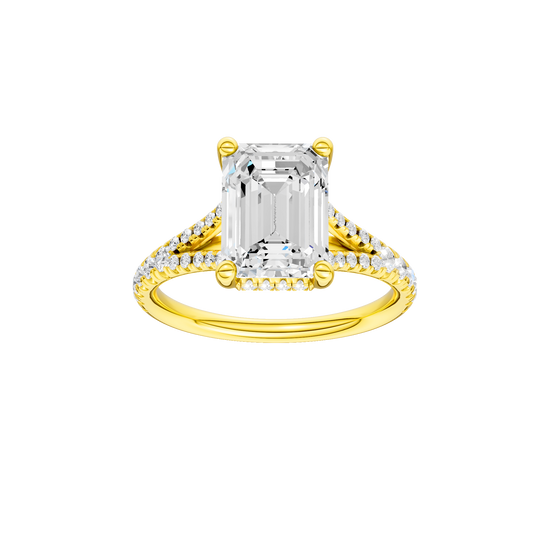 Emerald-cut diamond engagement ring with a prong-set diamond band and hidden-halo setting.