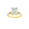 Emerald-cut diamond engagement ring with a prong-set diamond band and hidden-halo setting.
