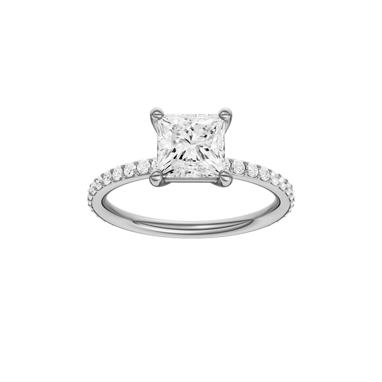 Princess-cut diamond engagement ring with a prong-set diamond band and solitaire setting.