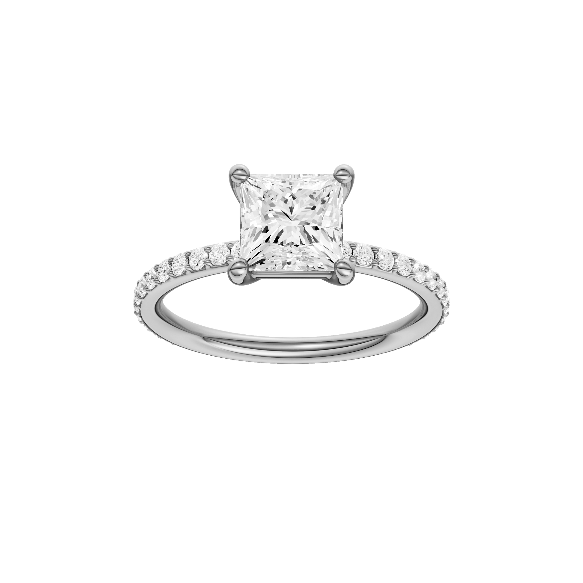 Princess-cut diamond engagement ring with a prong-set diamond band and solitaire setting.