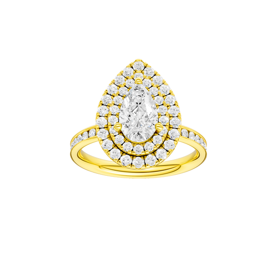Pear-cut diamond engagement ring with a channel-set diamond band and double-halo setting.
