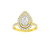 Pear-cut diamond engagement ring with a channel-set diamond band and double-halo setting.