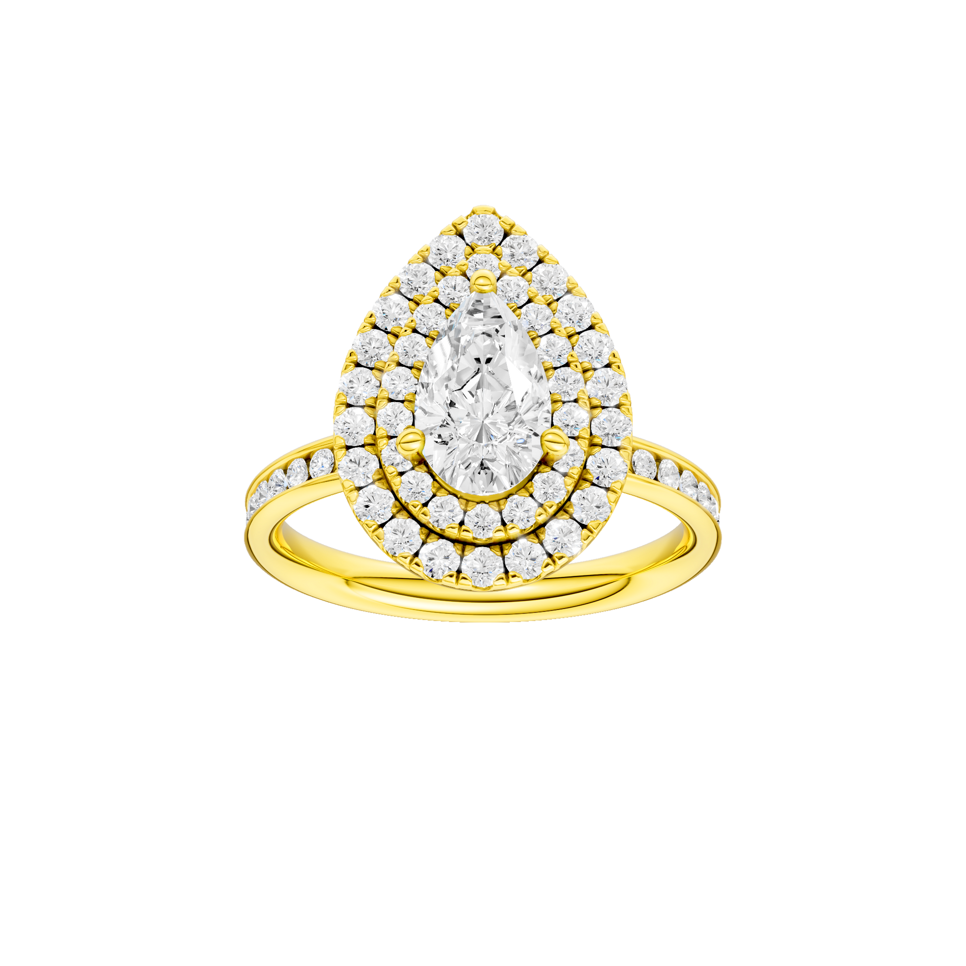 Pear-cut diamond engagement ring with a channel-set diamond band and double-halo setting.