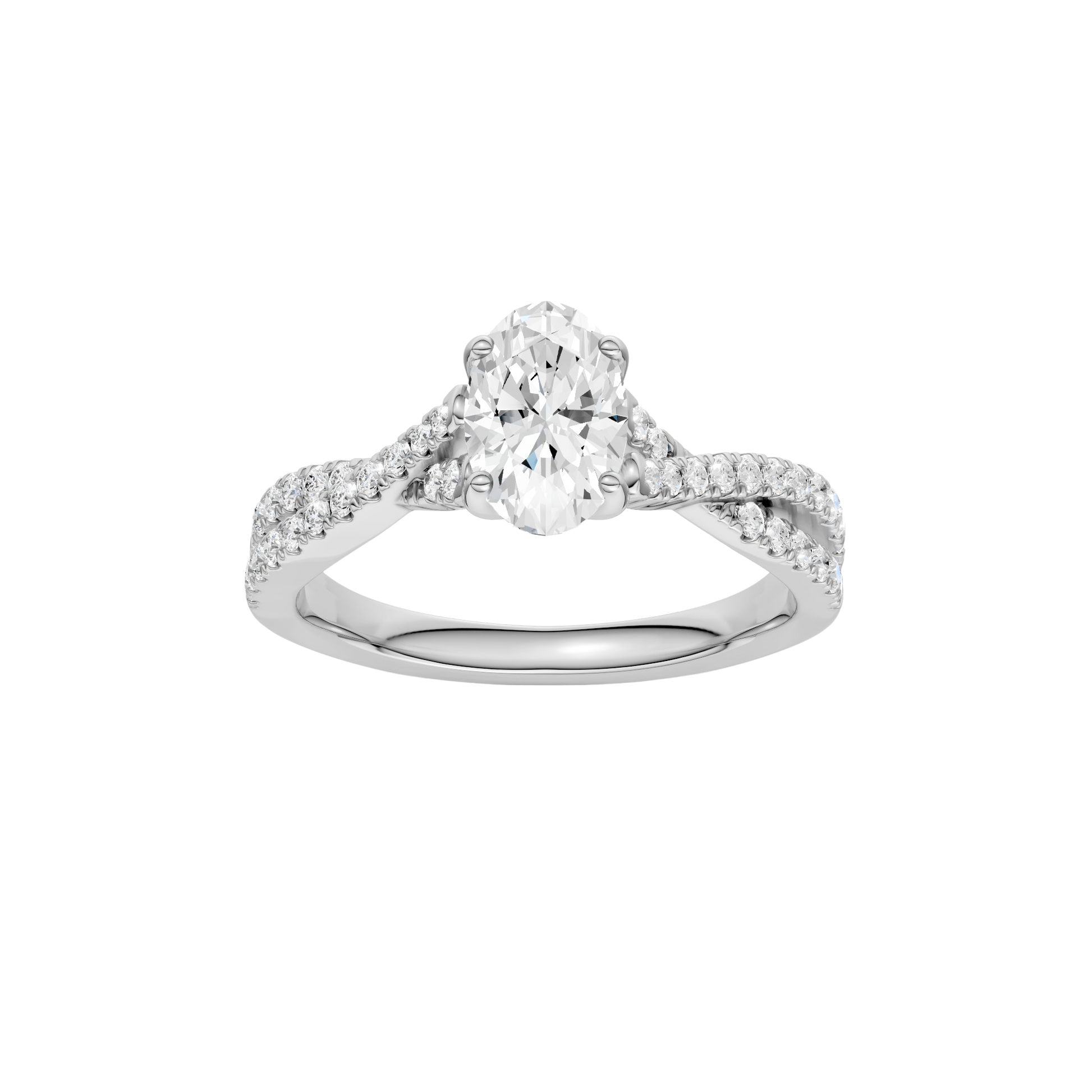 Oval-cut diamond engagement ring in 14k white gold with a prong-set diamond band and twist setting