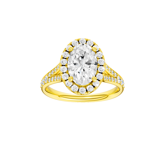 Oval-cut diamond engagement ring with a channel-set diamond band and halo setting.