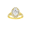 Oval-cut diamond engagement ring with a channel-set diamond band and halo setting.