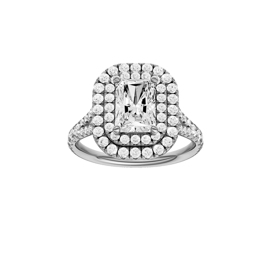 Radiant-cut diamond engagement ring with a prong-set diamond band and double-halo setting.
