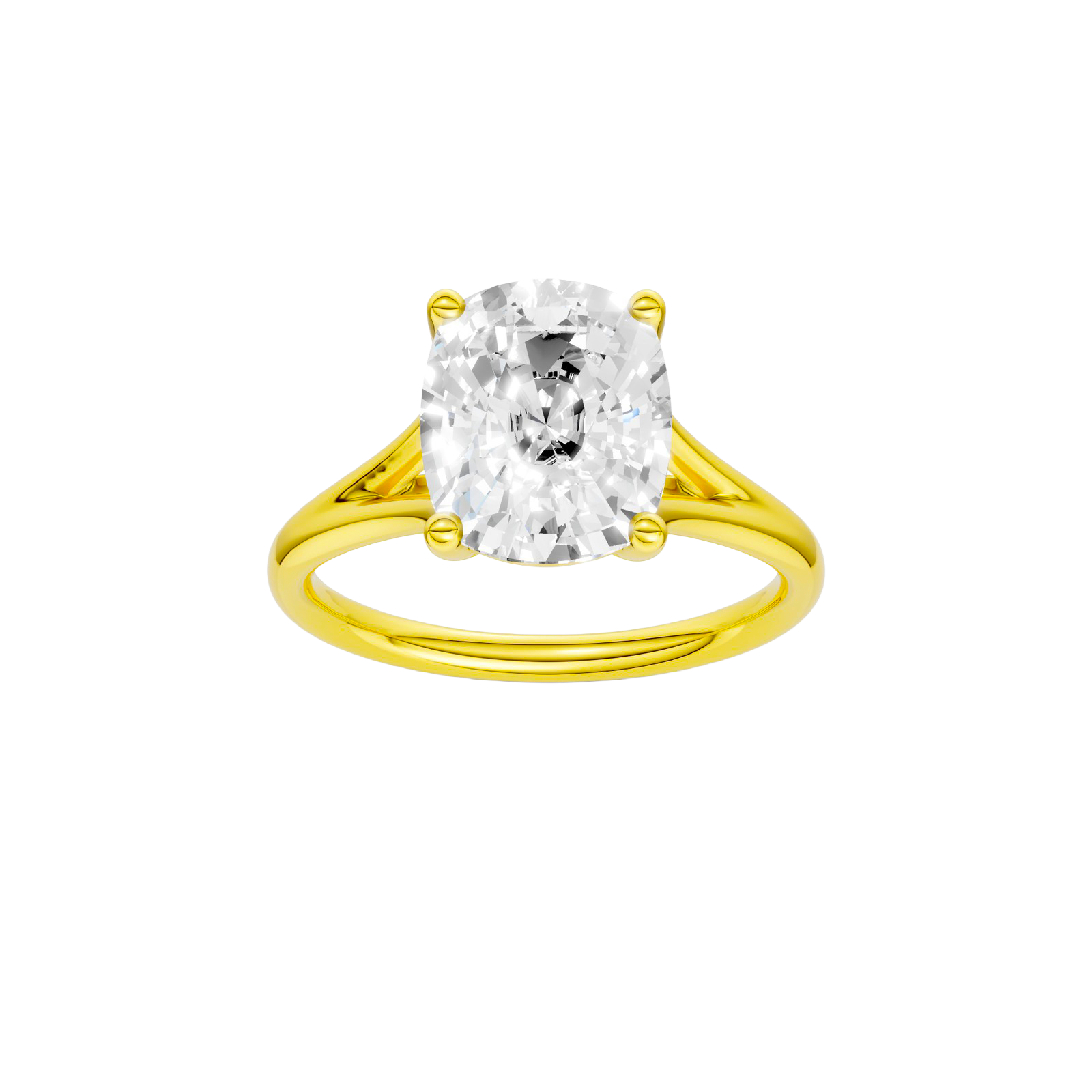 Elongated cushion-cut diamond engagement ring with a plain band and solitaire setting.