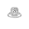 Radiant-cut diamond engagement ring with a prong-set diamond band and halo setting.