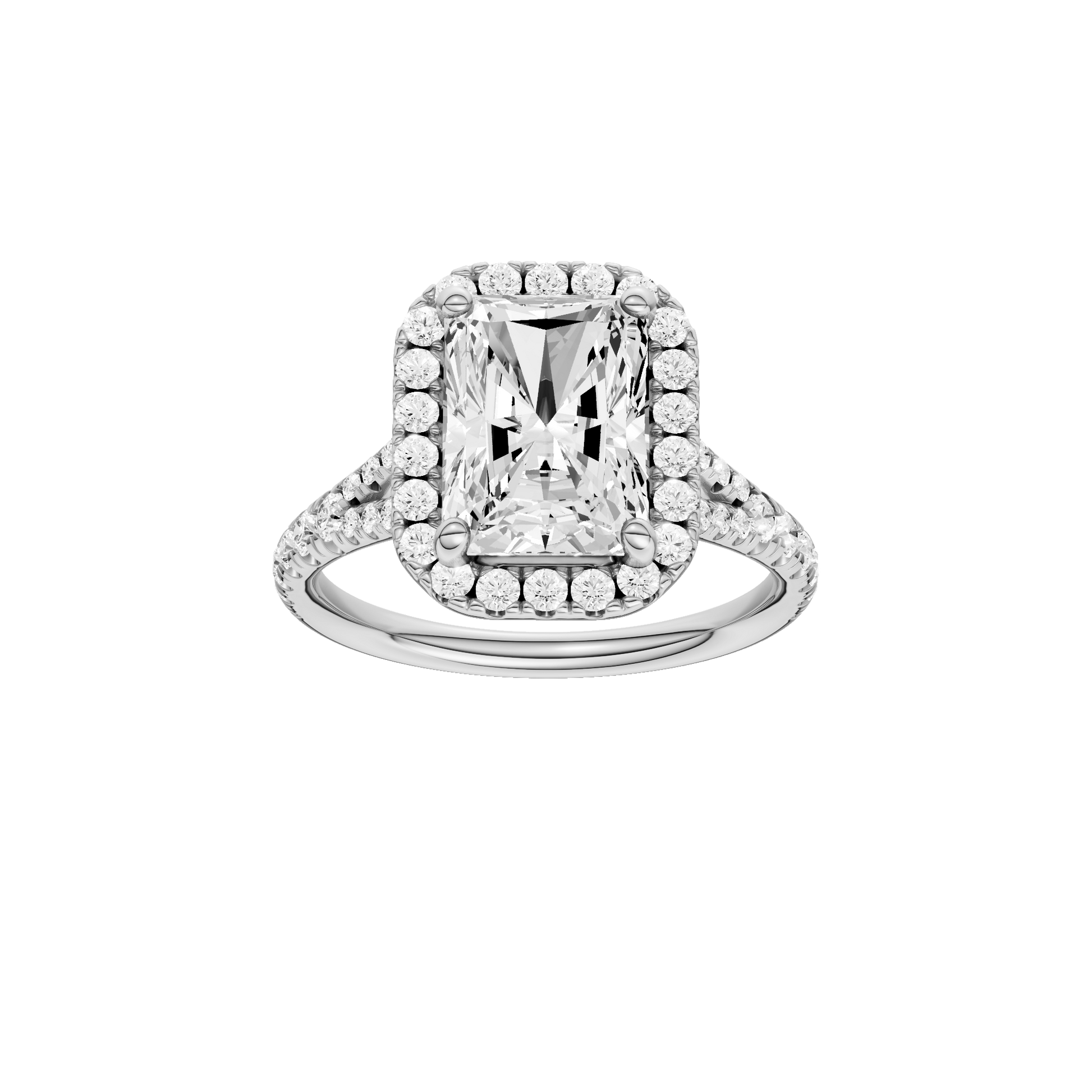 Radiant-cut diamond engagement ring with a prong-set diamond band and halo setting.