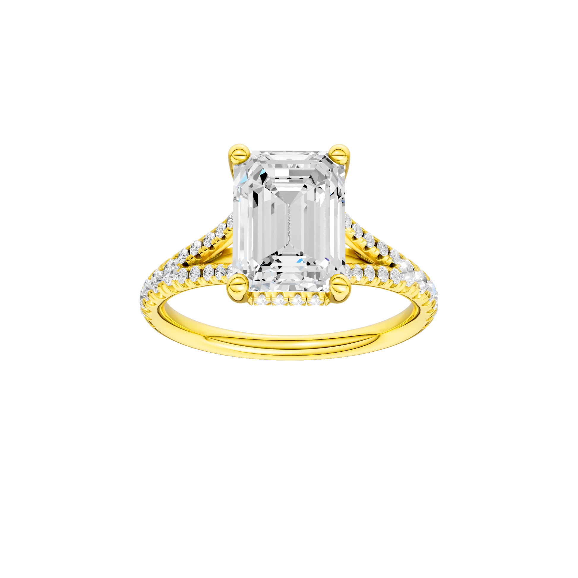 Emerald-cut diamond engagement ring with a prong-set diamond band and hidden-halo setting.