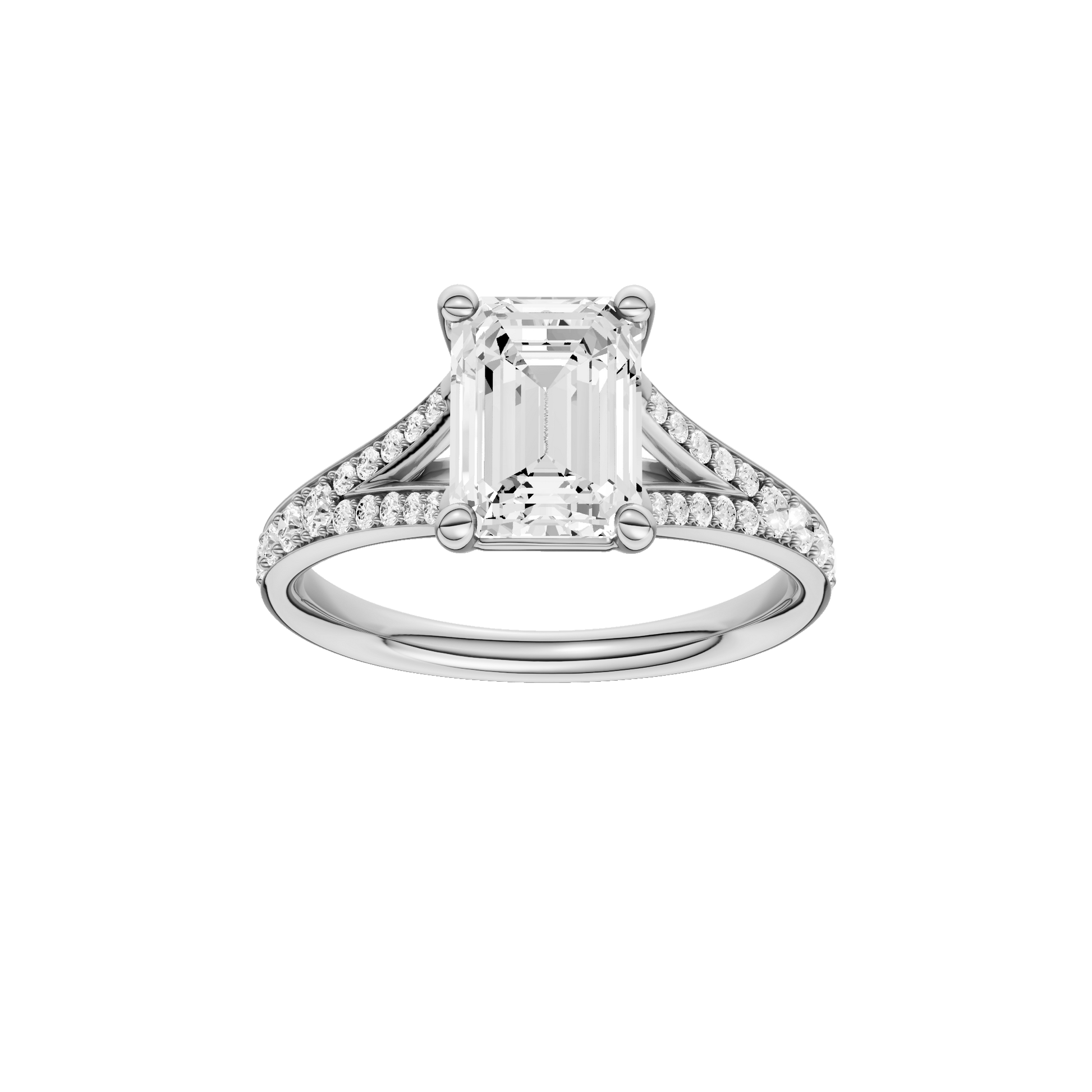 Emerald-cut diamond engagement ring with a channel-set diamond band and solitaire setting.