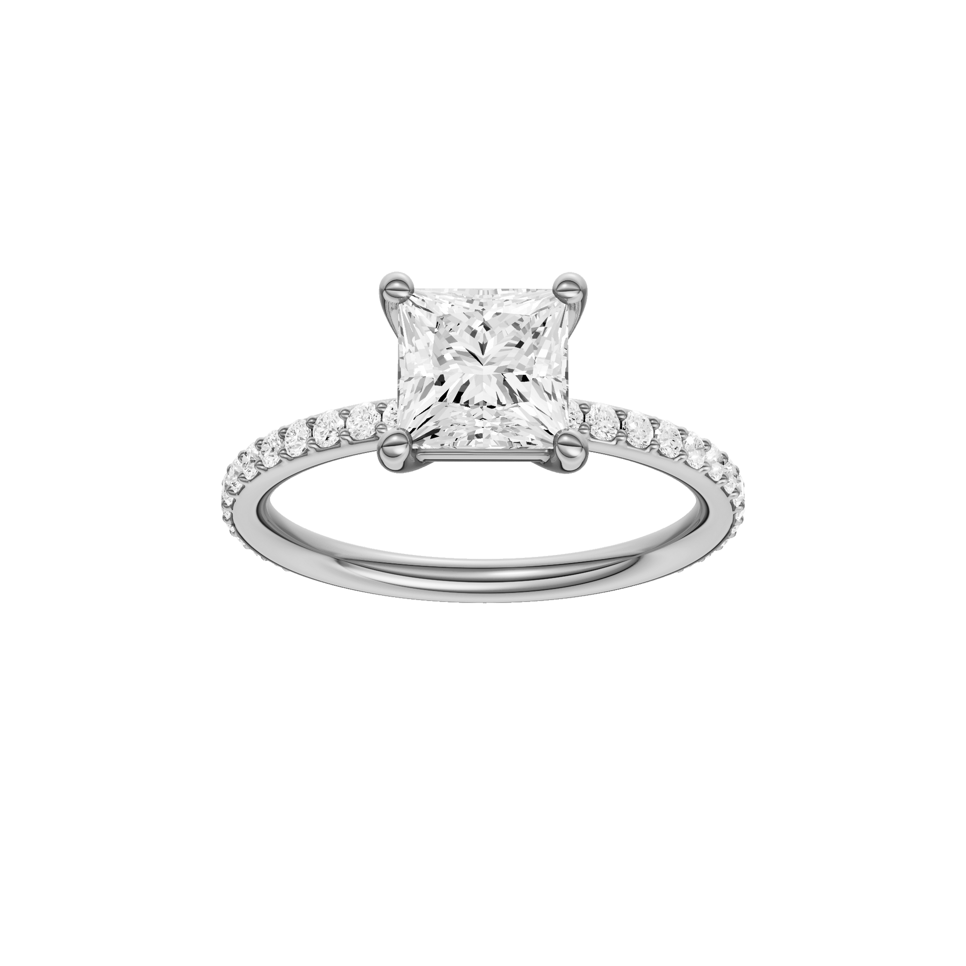 Princess-cut diamond engagement ring with a prong-set diamond band and solitaire setting.