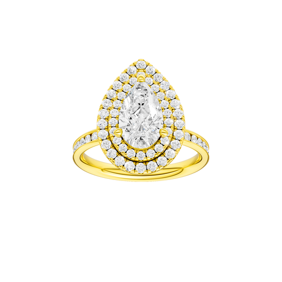 Pear-cut diamond engagement ring with a channel-set diamond band and double-halo setting.