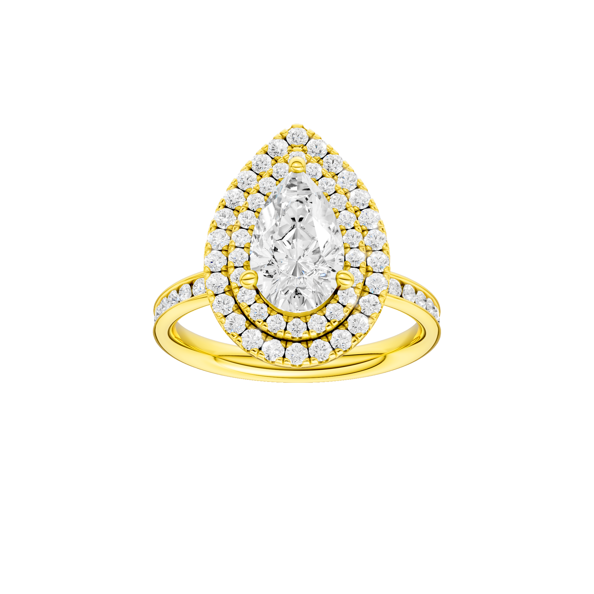 Pear-cut diamond engagement ring with a channel-set diamond band and double-halo setting.