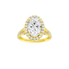 Oval-cut diamond engagement ring with a channel-set diamond band and halo setting.