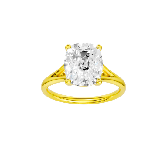 Elongated cushion-cut diamond engagement ring with a plain band and solitaire setting.