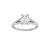 Emerald-cut diamond engagement ring with a prong-set diamond band and hidden-halo setting.