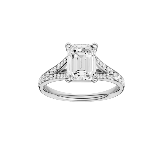 Emerald-cut diamond engagement ring with a channel-set diamond band and solitaire setting.