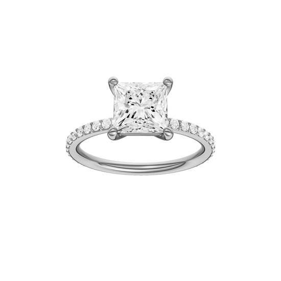 Princess-cut diamond engagement ring with a prong-set diamond band and solitaire setting.
