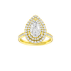Pear-cut diamond engagement ring with a channel-set diamond band and double-halo setting.