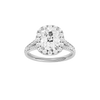 Elongated cushion-cut diamond engagement ring with a channel-set diamond band and halo setting.