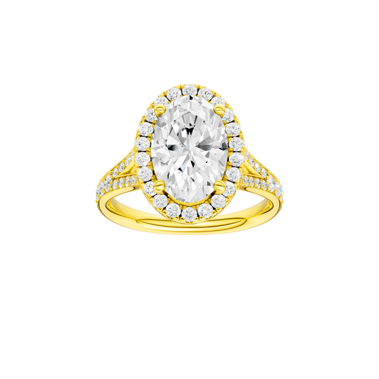 Oval-cut diamond engagement ring with a channel-set diamond band and halo setting.