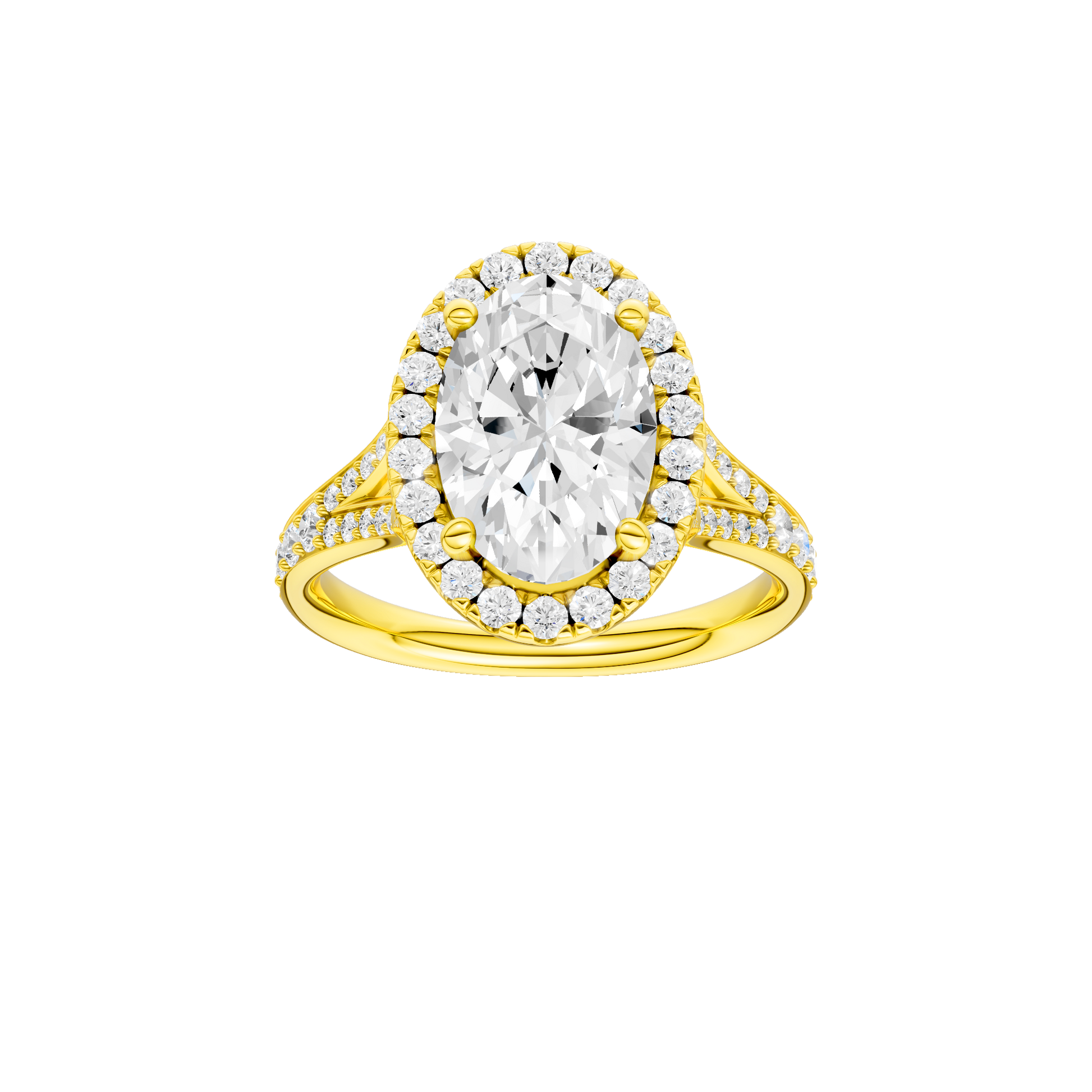 Oval-cut diamond engagement ring with a channel-set diamond band and halo setting.