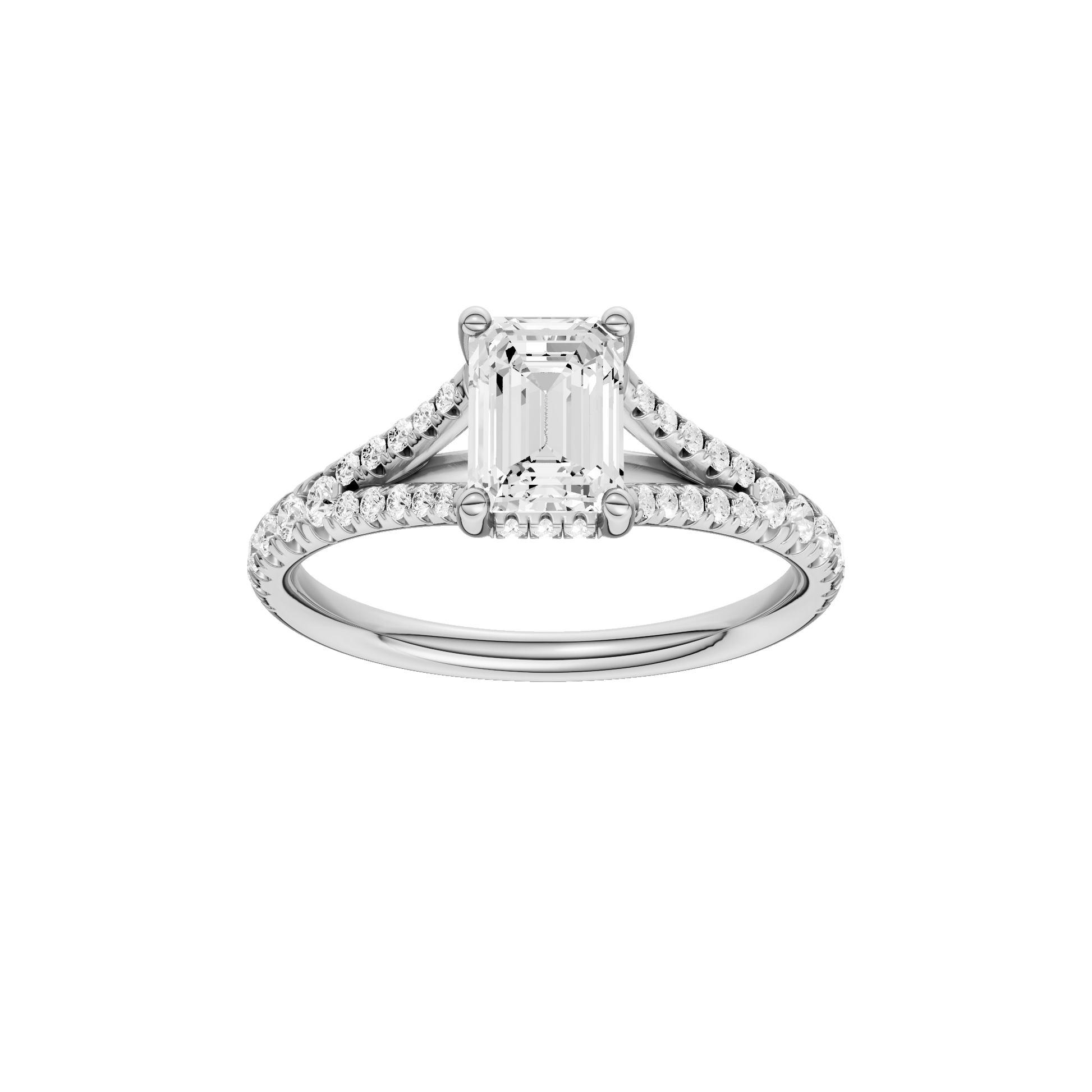Emerald-cut diamond engagement ring with a prong-set diamond band and hidden-halo setting.