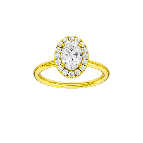 Oval-cut diamond engagement ring with a plain band and halo setting.