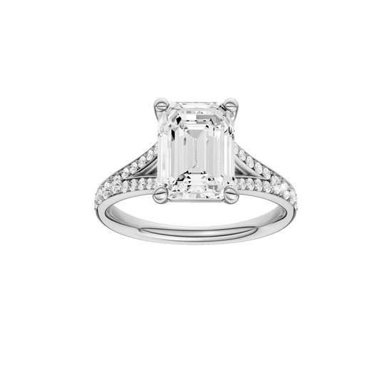 Emerald-cut diamond engagement ring with a channel-set diamond band and solitaire setting.