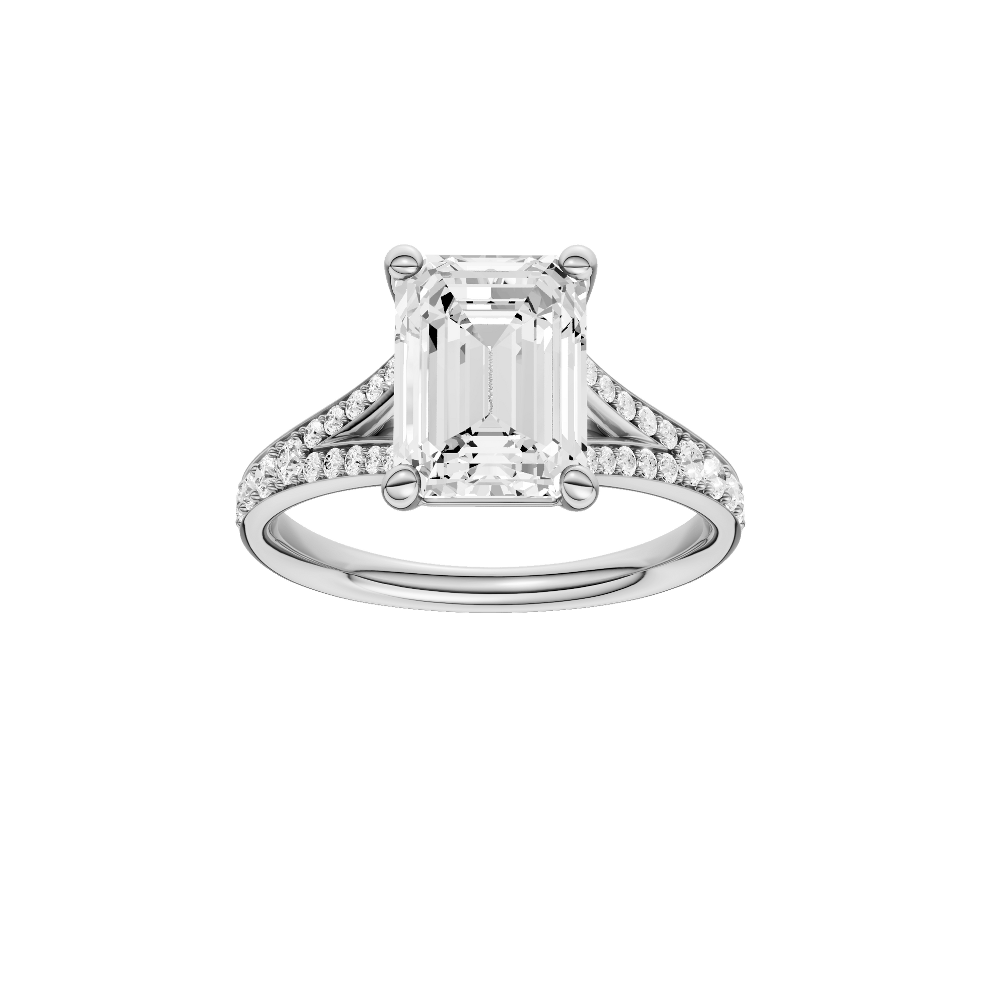 Emerald-cut diamond engagement ring with a channel-set diamond band and solitaire setting.