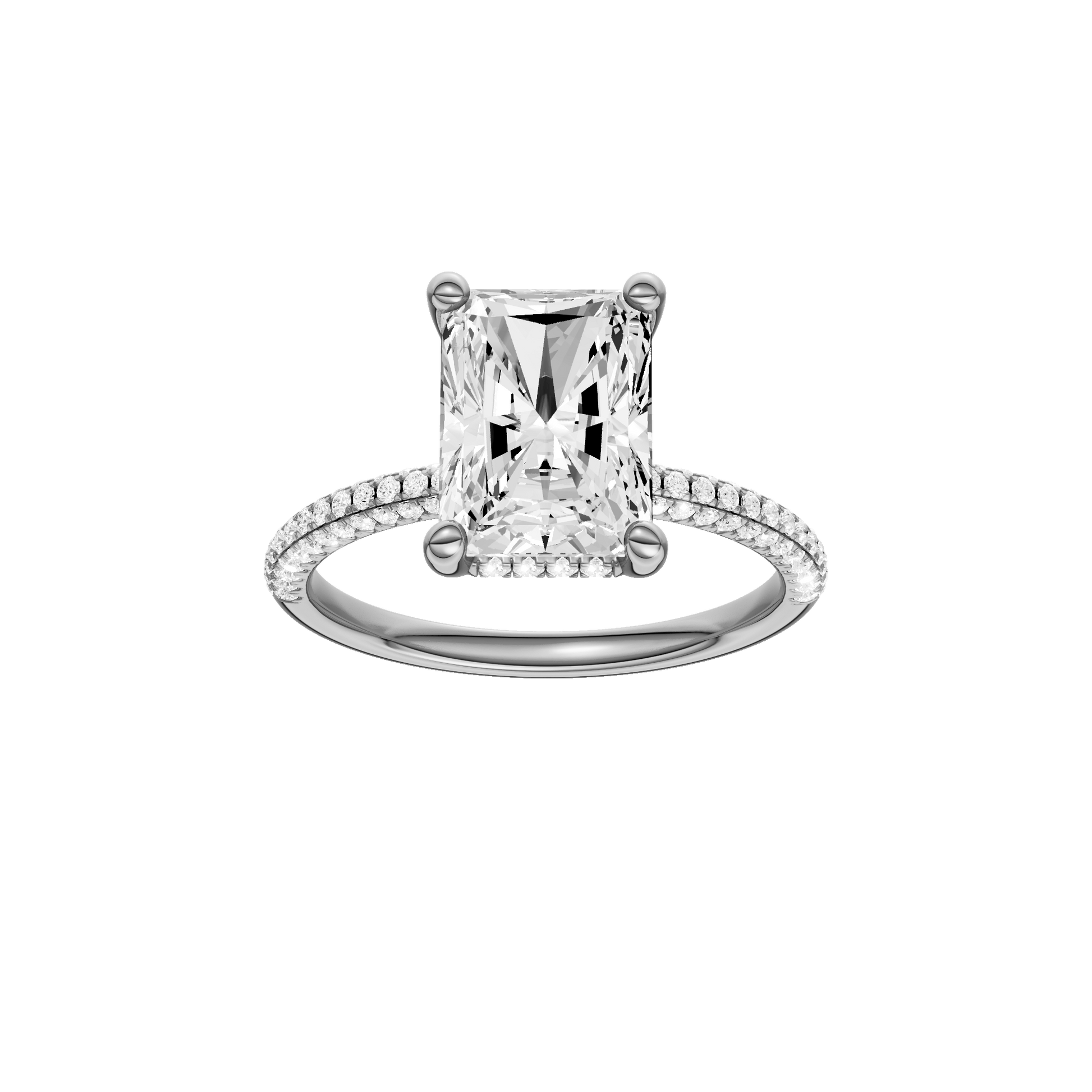 Radiant-cut diamond engagement ring with a pavé-set diamond band and hidden-halo setting.