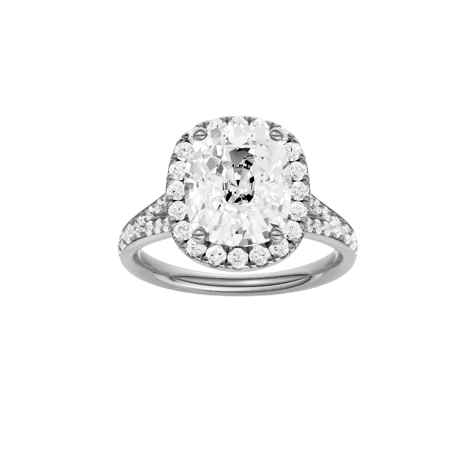 Elongated cushion-cut diamond engagement ring with a channel-set diamond band and halo setting.