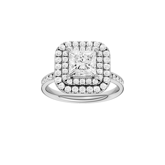 Princess-cut diamond engagement ring with a channel-set diamond band and double-halo setting.
