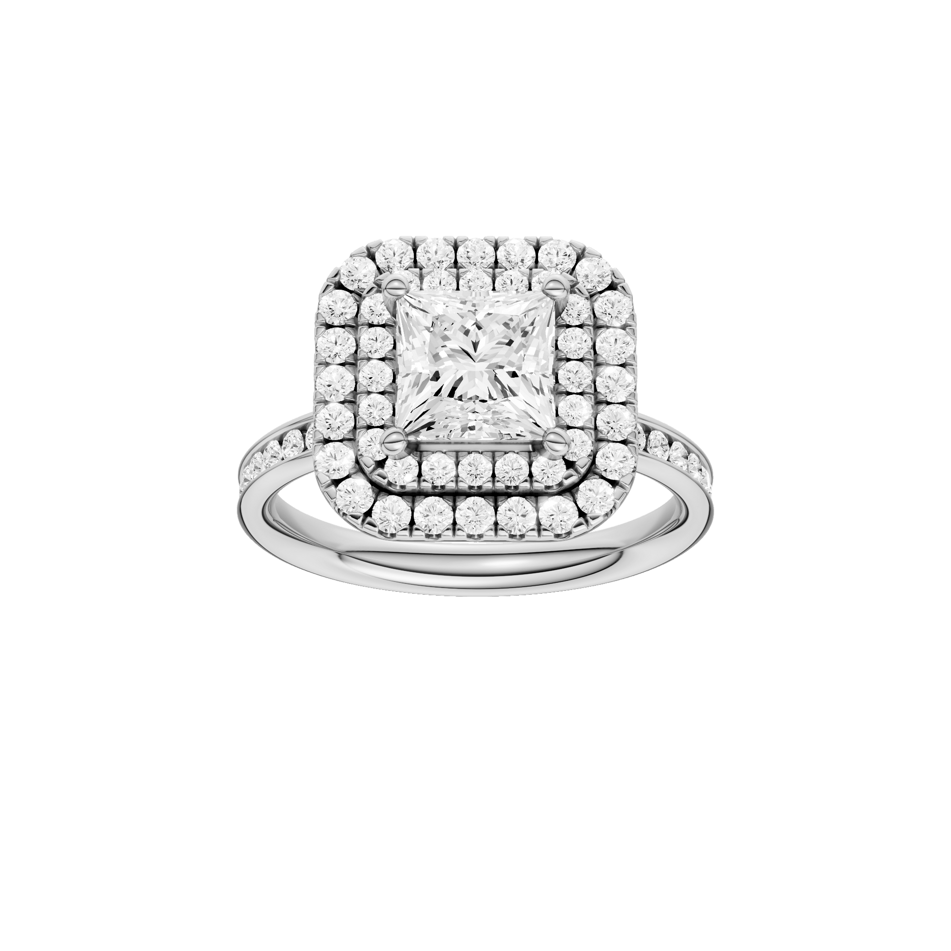 Princess-cut diamond engagement ring with a channel-set diamond band and double-halo setting.