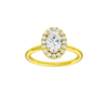 Oval-cut diamond engagement ring with a plain band and halo setting.