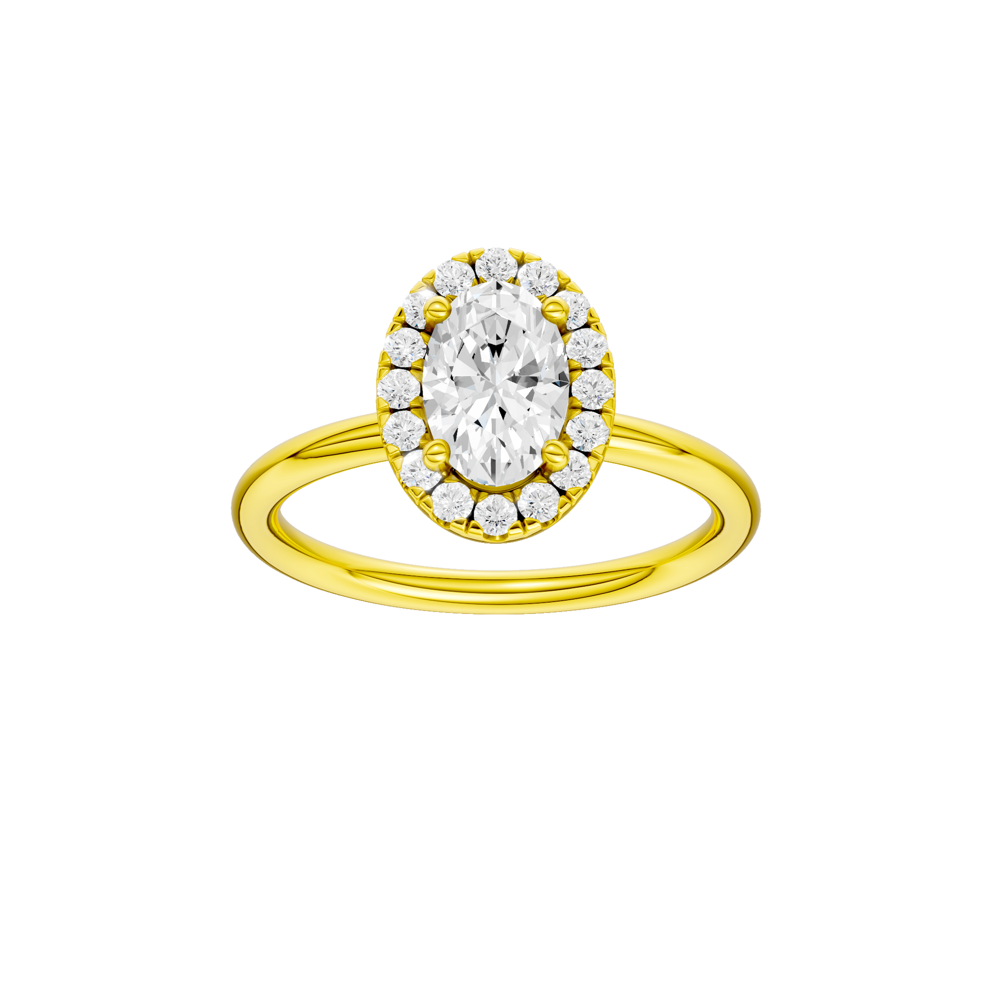 Oval-cut diamond engagement ring with a plain band and halo setting.