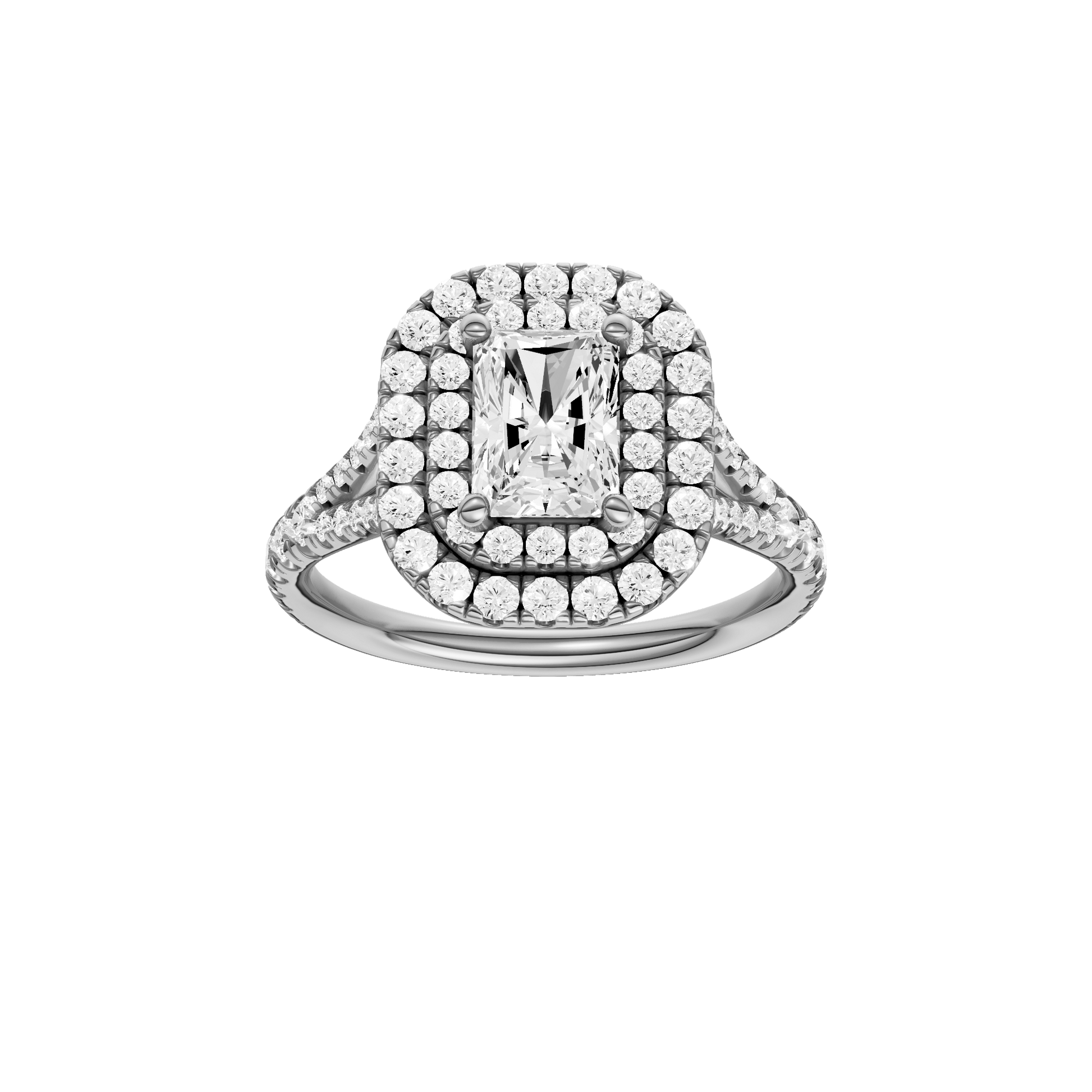 Radiant-cut diamond engagement ring with a prong-set diamond band and double-halo setting.