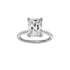 Radiant-cut diamond engagement ring with a pavé-set diamond band and hidden-halo setting.