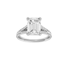 Emerald-cut diamond engagement ring with a channel-set diamond band and solitaire setting.