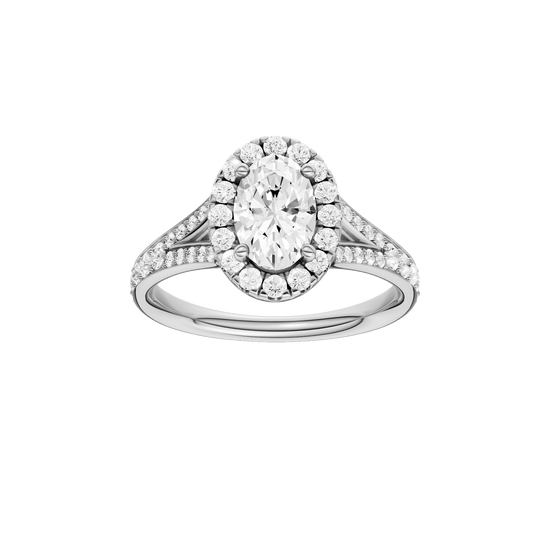 Oval-cut diamond engagement ring with a channel-set diamond band and halo setting.