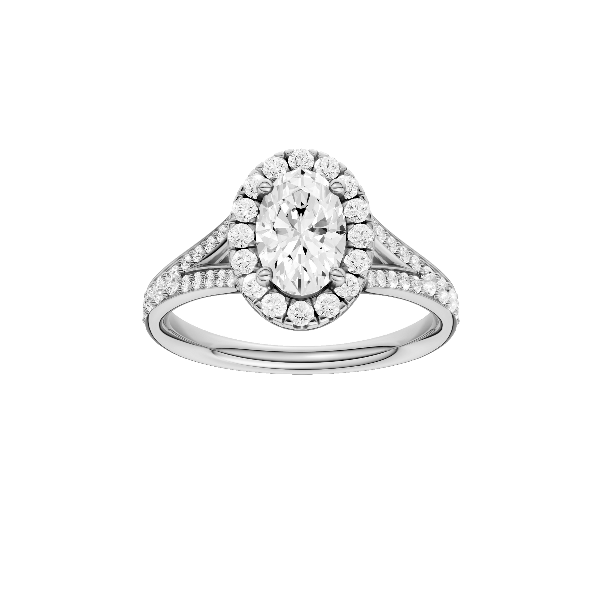 Oval-cut diamond engagement ring with a channel-set diamond band and halo setting.